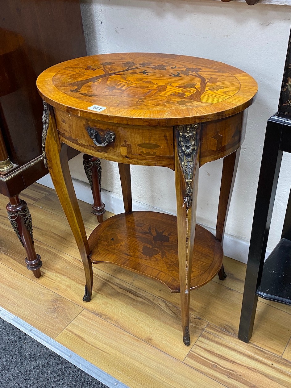 A reproduction oval French two-tier parquetry inlaid occasional table, width 52cm, depth 40cm, height 70cm